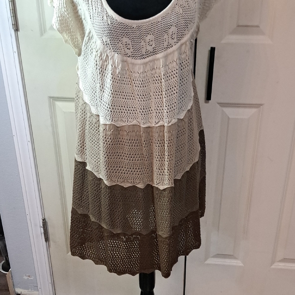 Roaman's Tops - Roaman's Crochet Layered Tunic in Cream and Brown